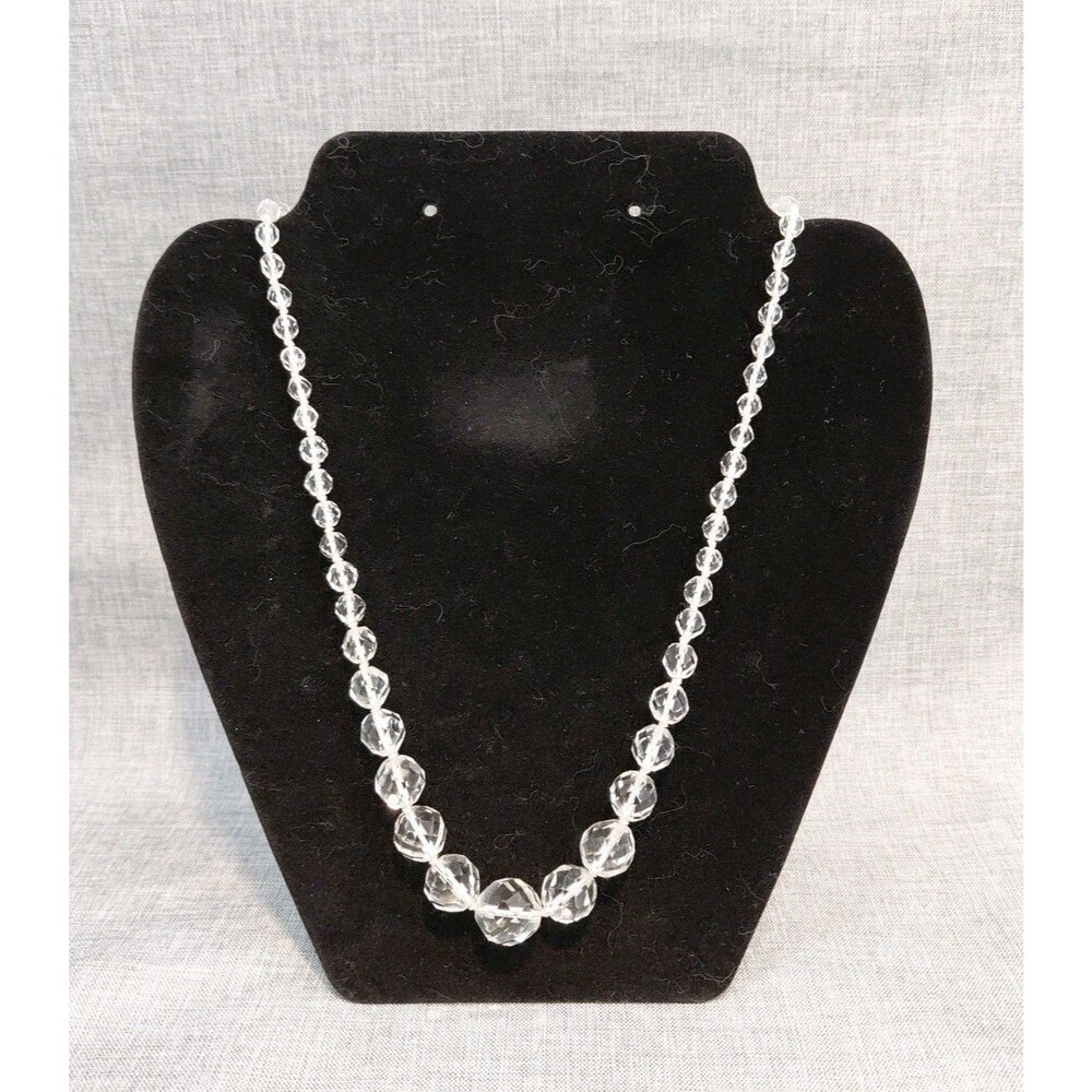VTG Clear Faceted Sparkly Crystalline Plastic Bead Necklace 23" Silver Fish Hook